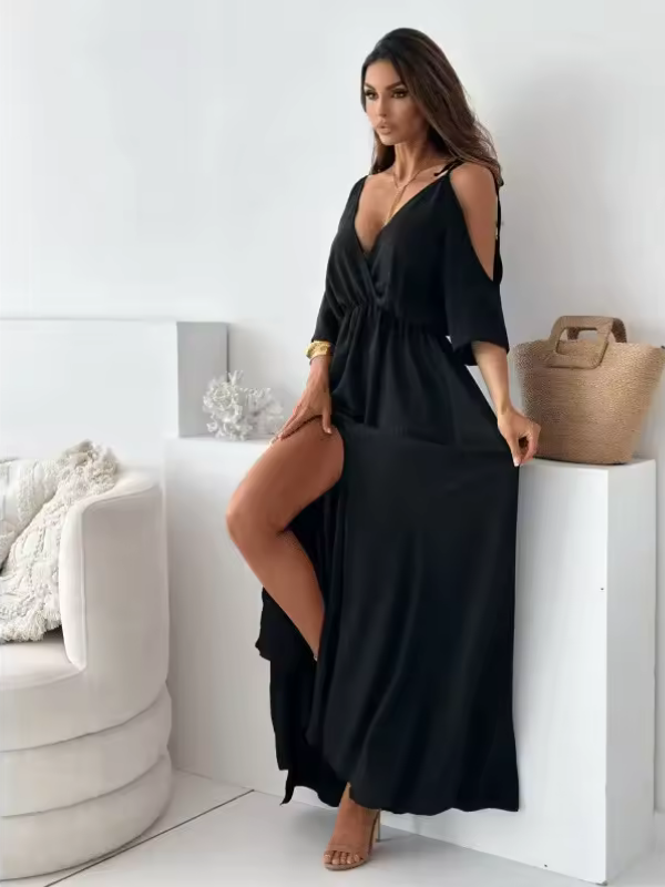 Elwira Sukienka Maxi z Dekoltem w Serek