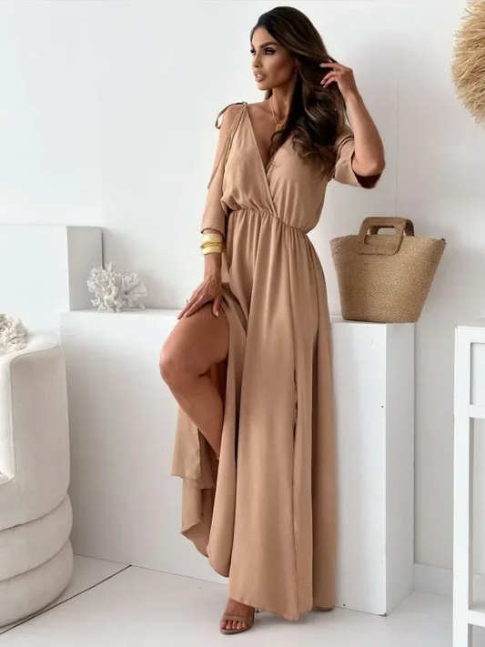 Elwira Sukienka Maxi z Dekoltem w Serek